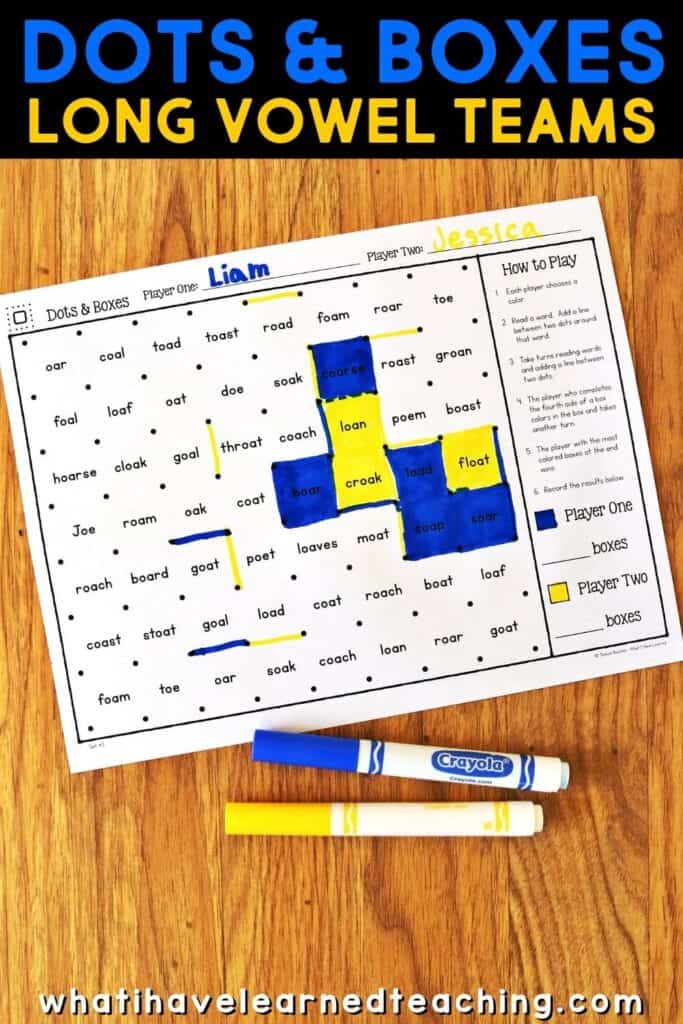 Phonics Partner Games are fun way to help your students practice reading specific phonics patterns. Games are played with a partner and engage students in both word reading and sentence reading. This set of phonics games is for long vowel teams and includes EE, EA, AI, AY, OA, OE, IGH, IE and a mix of all those vowel patterns. Teachers love using these games in a literacy center and children love playing with their friends!