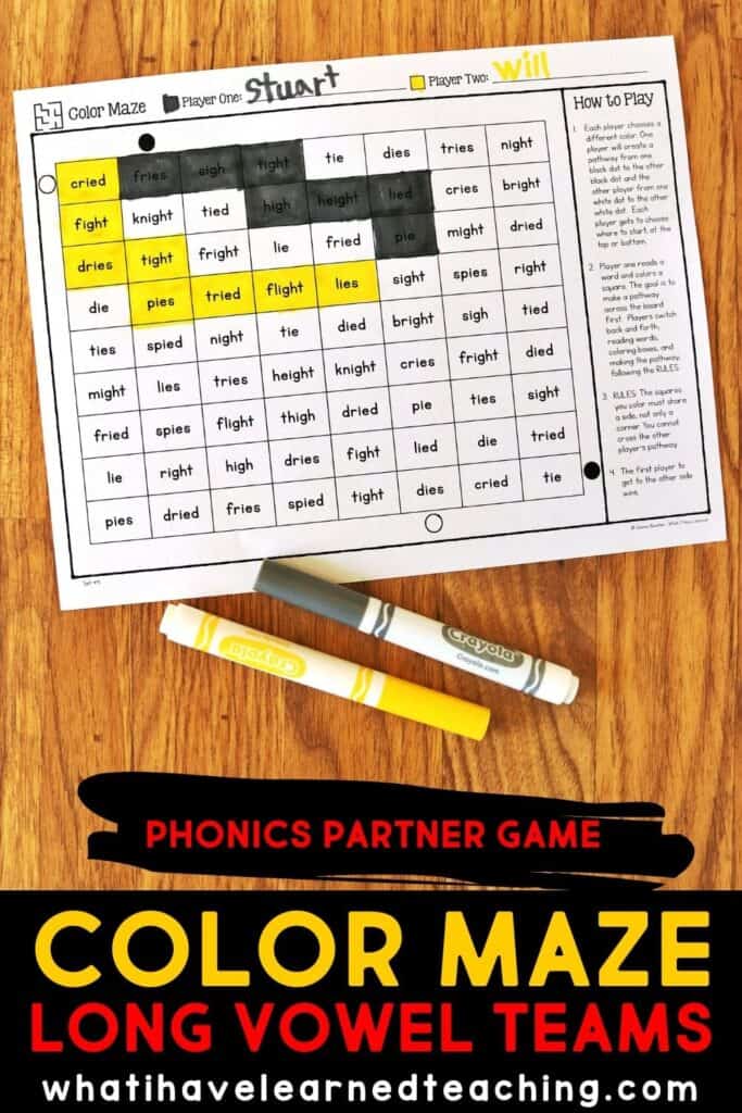 Phonics Partner Games are fun way to help your students practice reading specific phonics patterns. Games are played with a partner and engage students in both word reading and sentence reading. This set of phonics games is for long vowel teams and includes EE, EA, AI, AY, OA, OE, IGH, IE and a mix of all those vowel patterns. Teachers love using these games in a literacy center and children love playing with their friends!