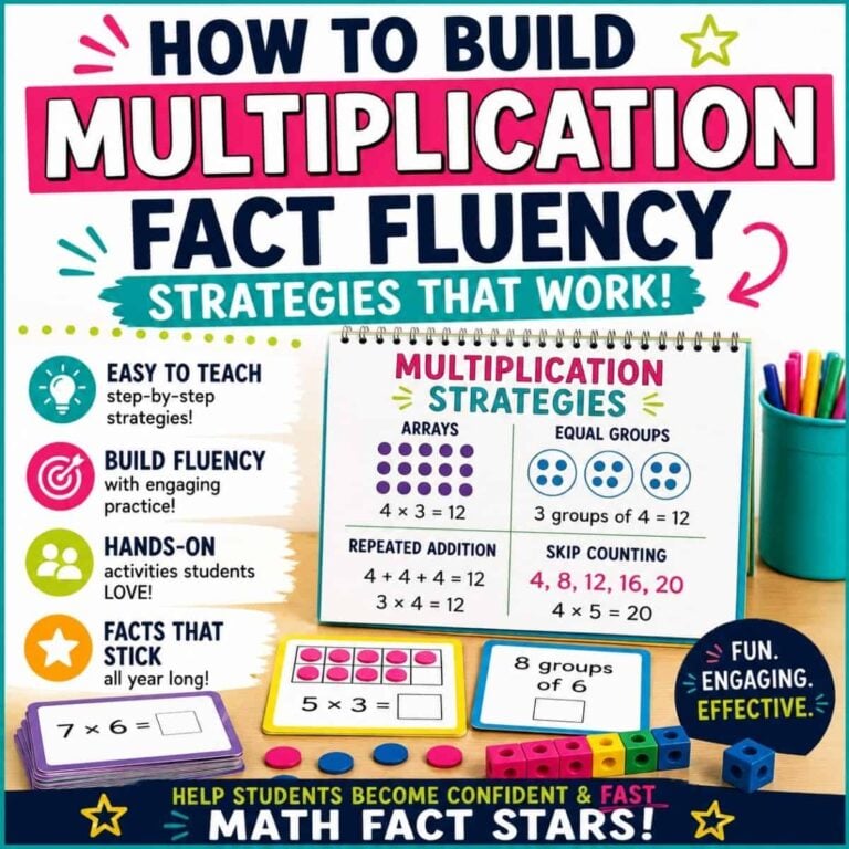 The Multiplication Fact Fluency Activities infographic features strategies like arrays, equal groups, skip counting, and repeated addition with icons and dice—ideal for 3rd grade multiplication fact games and fluency practice.