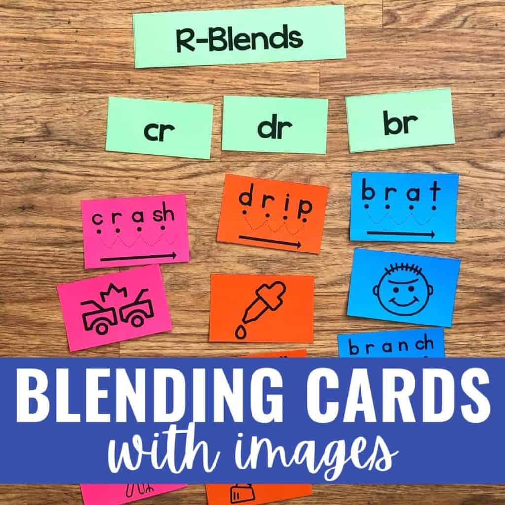 Blending Cards with Images 6 Colorful blending cards with images are displayed on a wooden surface, showing “cr,” “dr,” and “br” blend sounds, along with illustrated word cards like “crash,” “drip,” and “branch.” Text below reads: Blending Cards with Images.