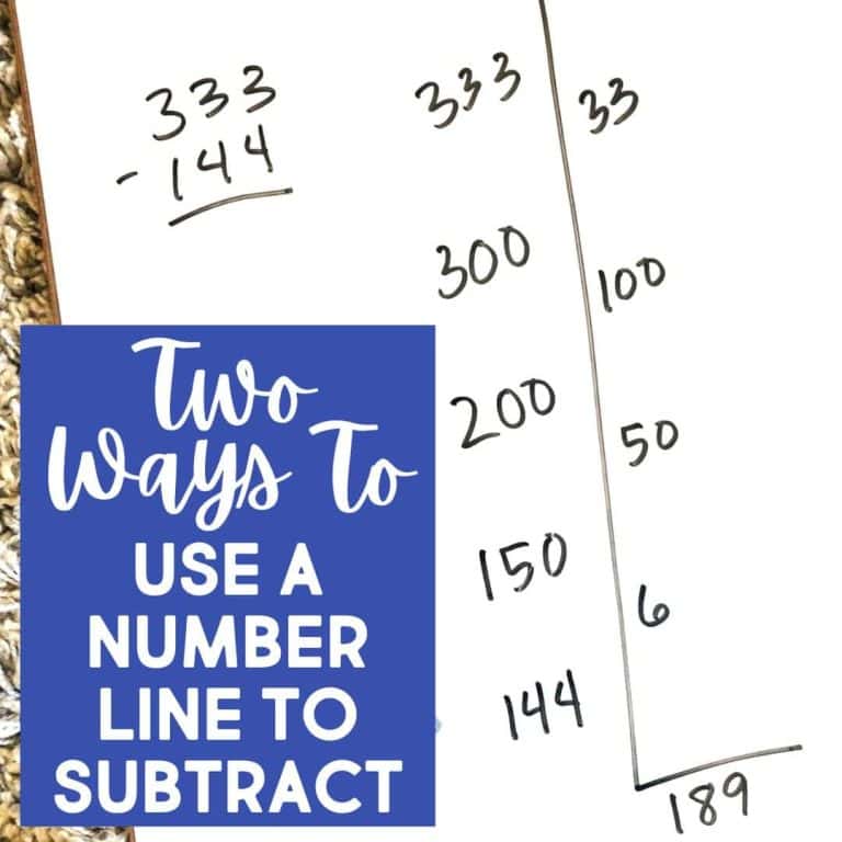 A math worksheet shows two subtraction methods for 333 minus 144: traditional column subtraction and using number lines for three-digit subtraction, with text that says, Two ways to use a number line to subtract.