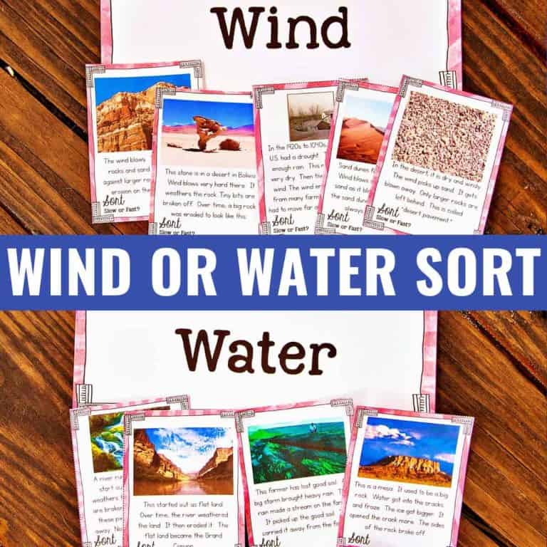A set of illustrated cards are sorted under two labels, “Wind” and “Water,” on a table. The cards show landscapes and explain whether wind or water erosion shaped each landform. A blue bar reads, “Wind or Water Sort.”.