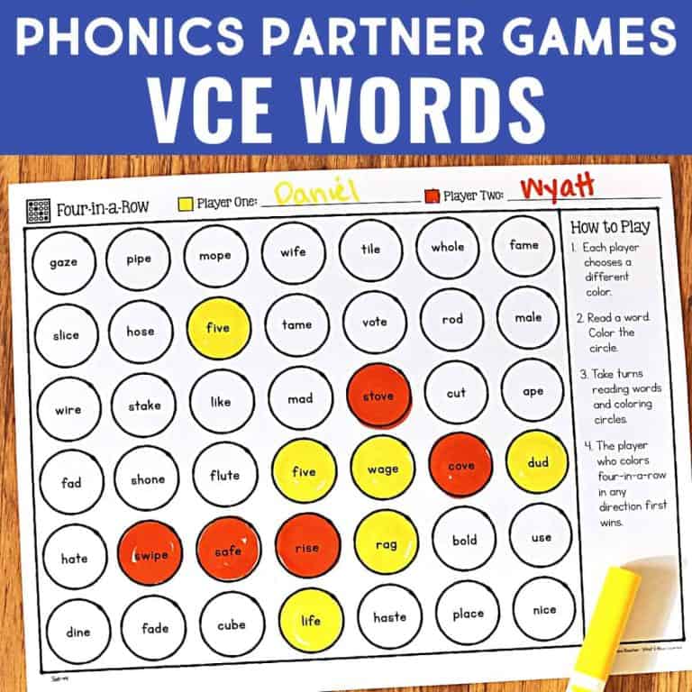 A Four-in-a-Row VCE Phonics Games board titled "VCE Words" features circles with words like shape, vote, and game. Some circles are colored yellow or red for player moves. Two player names, Daniel and Wyatt, appear at the top.