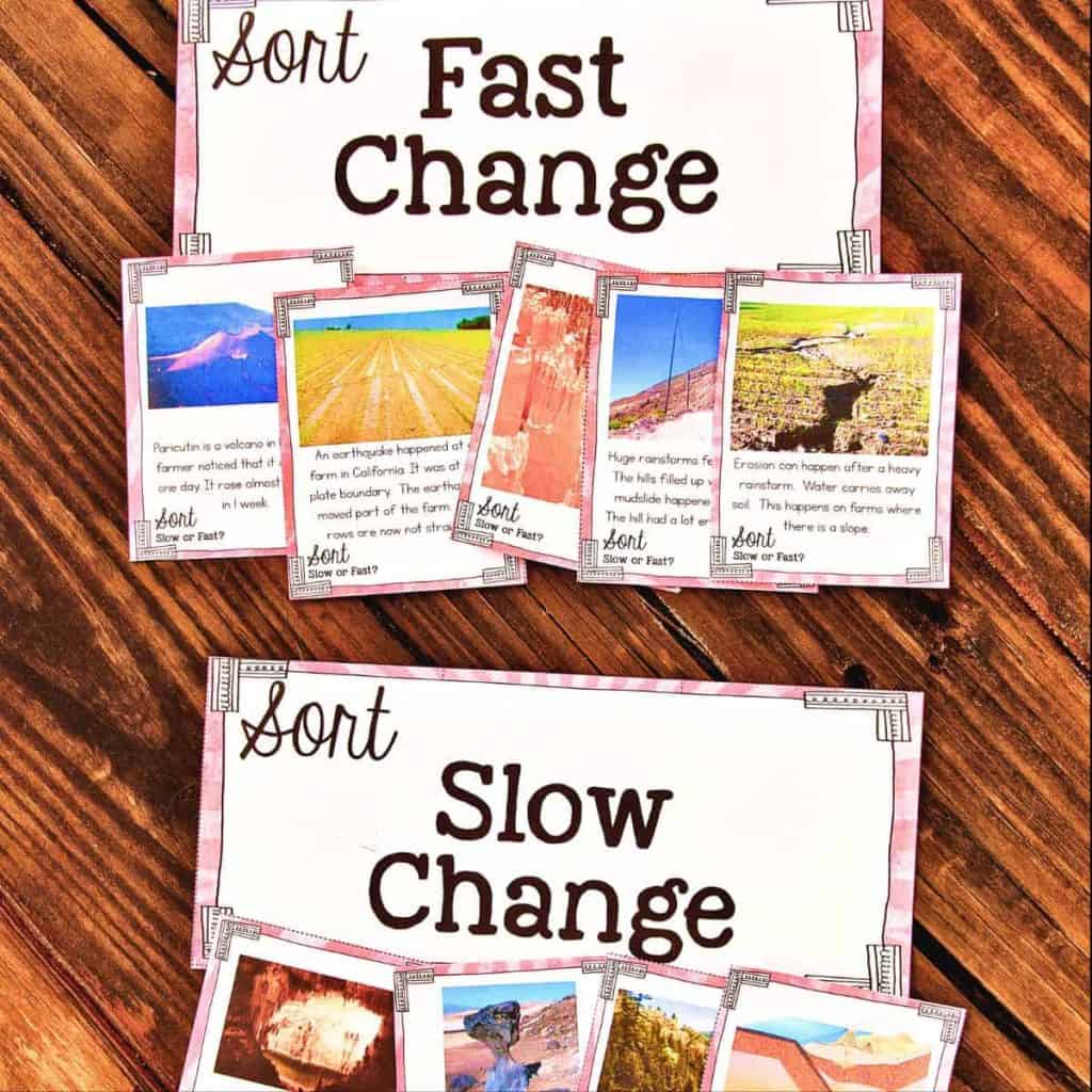 Cards labeled Fast Change and Slow Change are used to sort photo cards showing Landform Changes&mdash;such as volcanoes, landslides, erosion, and valleys&mdash;on a wooden surface.