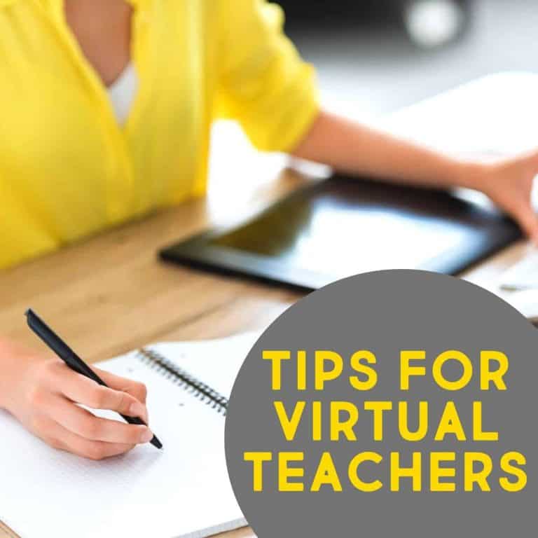 A person in a yellow shirt writes in a notebook at a desk with a laptop, with the text Tips for Virtual Teachers in large yellow letters on a gray circle in the foreground.