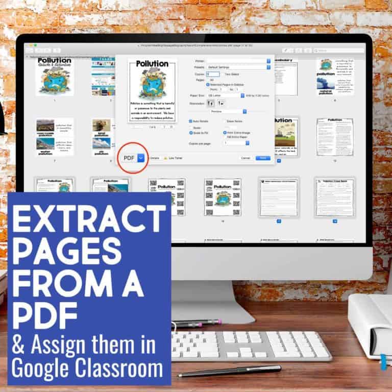 A computer monitor displays a PDF document with multiple pages. Large blue text over the image reads, Extract Specific Pages from a PDF & assign them in Google Classroom. A keyboard and notepad are in front of the monitor.