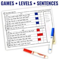 The Phonics Partner Games BUNDLE includes a Roll, Read, Color #2 worksheet with sentences, checkboxes, color columns, and instructions. Red and blue markers fill boxes beside some sentences for engaging practice.