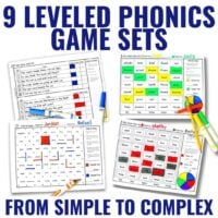 Four vibrant worksheets from the Phonics Partner Games BUNDLE feature spinners, word lists, and bold "9 Leveled Phonics Game Sets—From Simple to Complex" text. Labeled for students and with clear game paths for phonics practice.