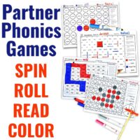 Image shows worksheets labeled with kids’ names and colorful markers. Bold blue and red text reads: “Phonics Partner Games BUNDLE. SPIN ROLL READ COLOR.” Worksheets feature grids, circles, and game instructions.