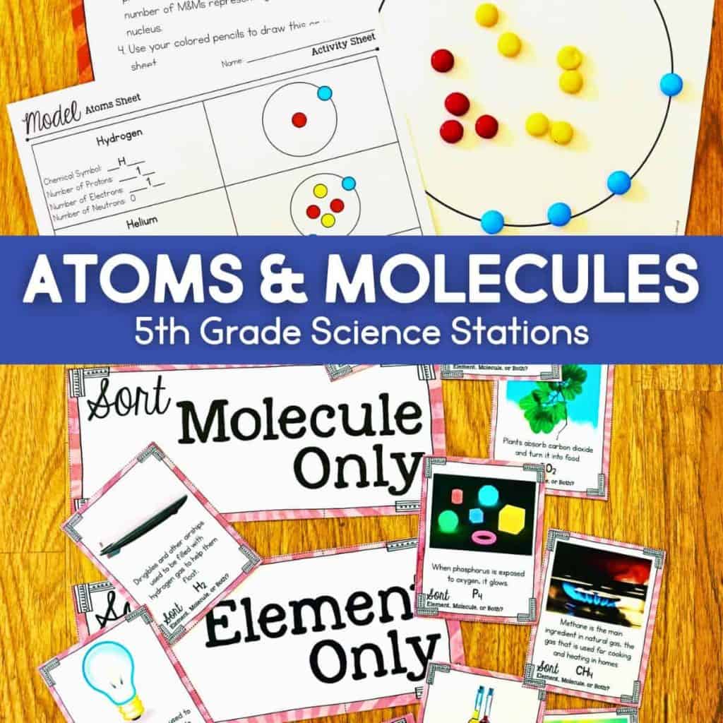 Educational materials for 5th grade science about atoms and molecules, featuring an engaging atoms and molecules worksheet with diagrams, colored candy activities, and sorting cards labeled &ldquo;Molecule Only&rdquo; and &ldquo;Element Only.&rdquo;.