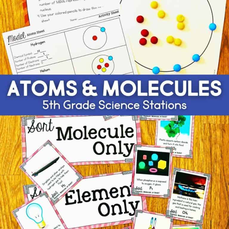 Educational materials for 5th grade science about atoms and molecules, featuring an engaging atoms and molecules worksheet with diagrams, colored candy activities, and sorting cards labeled “Molecule Only” and “Element Only.”.