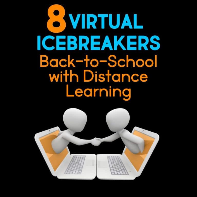Two animated figures reach out from laptop screens to shake hands. Above them, text reads: 8 Virtual Icebreakers for Students – Back-to-School with Distance Learning. The black background highlights these engaging virtual icebreakers for Zoom or online classes.