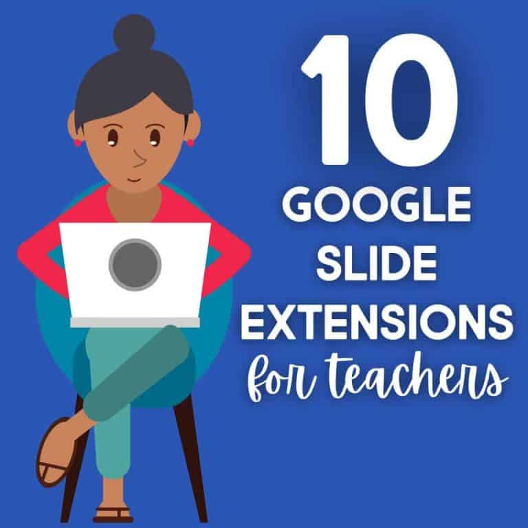 Illustration of a woman sitting on a chair with a laptop in her lap, beside white text that reads: 10 Google Slide Extensions for Remote Learning on a blue background.