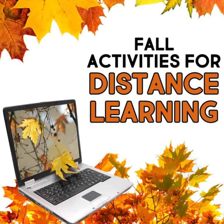 A laptop surrounded by autumn leaves displays fall foliage on screen. Bold text reads: Autumn Activities for Virtual Learning, inspiring creative seasonal ideas for distance learners.