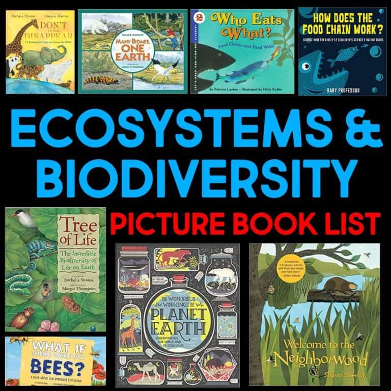 A collage of children’s Picture Books About Ecosystems and biodiversity book covers surrounds the bold text “Ecosystems & Biodiversity Picture Book List” on a black background.