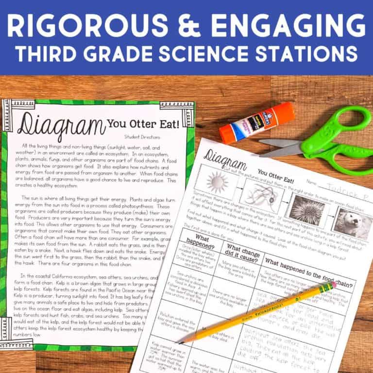 Two science worksheets titled Diagram—You Otter Eat! are on a wooden surface with a pencil, green scissors, and a glue stick. A blue banner reads RIGOROUS & ENGAGING THIRD GRADE SCIENCE CURRICULUM STATIONS.