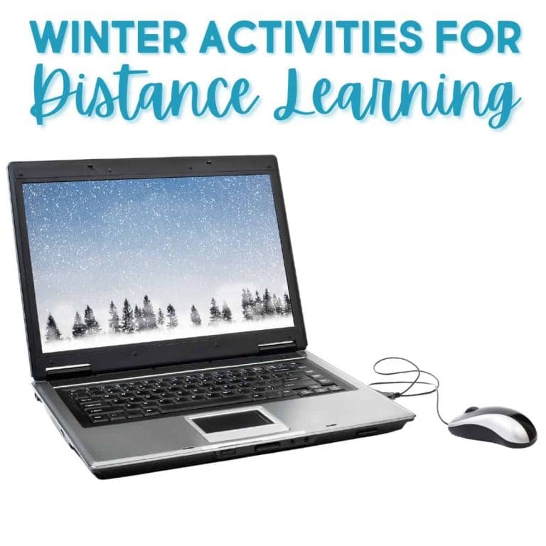 A laptop with a snowy forest scene on the screen sits next to a computer mouse. At the top, text reads Winter Activities for Distance Learning in blue and teal fonts, highlighting fun Winter Online Activities.
