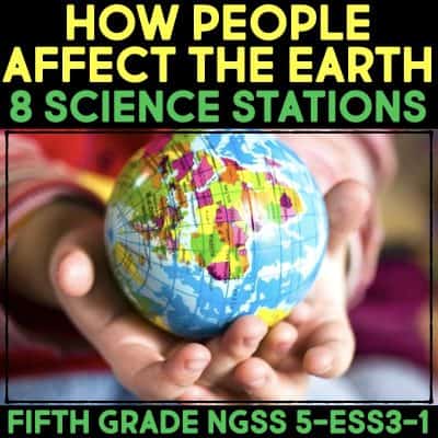 A person holds a small globe in their hands. Text above reads, Atoms & Molecules Science Station BUNDLE, and below, Fifth Grade NGSS 5-ESS3-1.