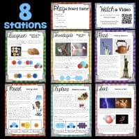 The Atoms & Molecules Science Station BUNDLE includes a vibrant set of 8 classroom cards—Diagram, Model, Investigate, Explore, Sort, Play Board Game, Read, and Watch a Video—featuring images and QR codes on select cards.