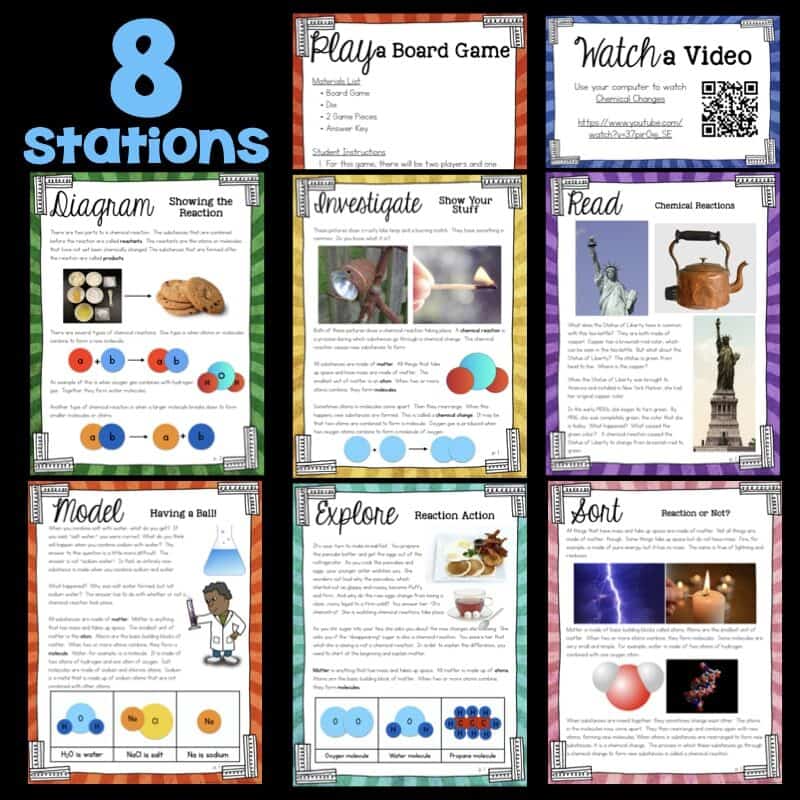 SS 5th - Checmical Reactions.002-min The Atoms & Molecules Science Station BUNDLE includes a vibrant set of 8 classroom cards—Diagram, Model, Investigate, Explore, Sort, Play Board Game, Read, and Watch a Video—featuring images and QR codes on select cards.