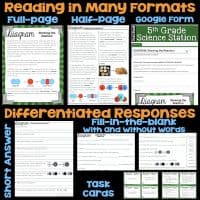 Atoms & Molecules Science Station BUNDLE is a 5th grade resource with reading materials in full-page, half-page, and Google Form formats plus differentiated responses such as short answer, fill-in-the-blank, and task cards.