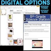 Screenshot showing 5th grade digital science materials from the Atoms & Molecules Science Station BUNDLE, featuring a Google Slides sorting chemical reactions activity and a Google Forms science station with a video on chemical changes.