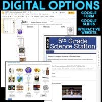 A collage highlights digital learning from the Atoms & Molecules Science Station BUNDLE: a Google Form, a Google Slides sorting activity, an interactive website with images, and a 5th Grade video on atoms and molecules.