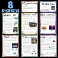 Image of a colorful 3x3 grid titled “Conservation of Mass Science Station BUNDLE” with eight cards for activities like Diagram, Play a Board Game, Investigate, Read, Model, Explore, Sort, and Watch a Video—each with images and text.