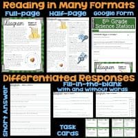 A collage of the Conservation of Mass Science Station BUNDLE displays 5th grade materials: full-page, half-page pages, task cards, a Google Form, and differentiated response sheets with short answer and fill-in-the-blank options for flexible learning.