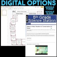 Screenshot showing digital resources from the Conservation of Mass Science Station BUNDLE, featuring a Google Slides chart on physical vs chemical change and a 5th grade Google Forms activity with video and student response fields.
