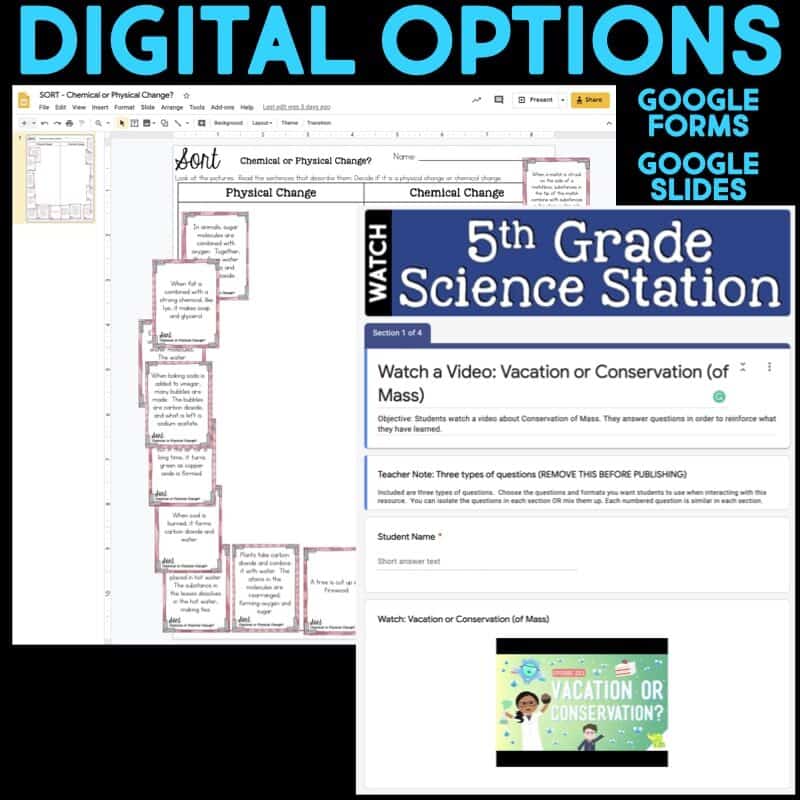 SS 5th - Square Covers Conservation of Mass.004-min Screenshot showing digital resources from the Conservation of Mass Science Station BUNDLE, featuring a Google Slides chart on physical vs chemical change and a 5th grade Google Forms activity with video and student response fields.