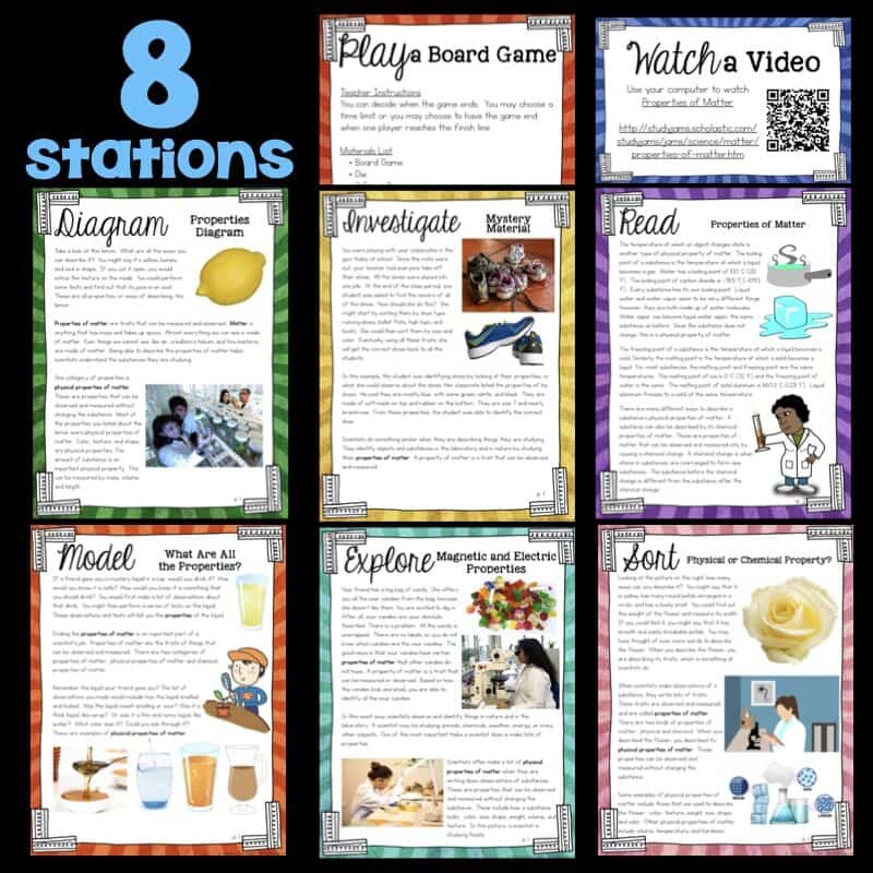 SS 5th - Square Covers Properties of Matter.002-min A graphic titled "Atoms & Molecules Science Station BUNDLE" shows eight colorful cards, each featuring a science activity about properties of matter—like diagrams, games, experiments, readings, videos, sorting, and modeling tasks.