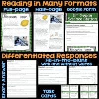 The Atoms & Molecules Science Station BUNDLE features lemon-themed diagrams in full-page, half-page, task cards, Google Forms, short answer, and fill-in-the-blank formats for differentiated reading and diagram instruction.