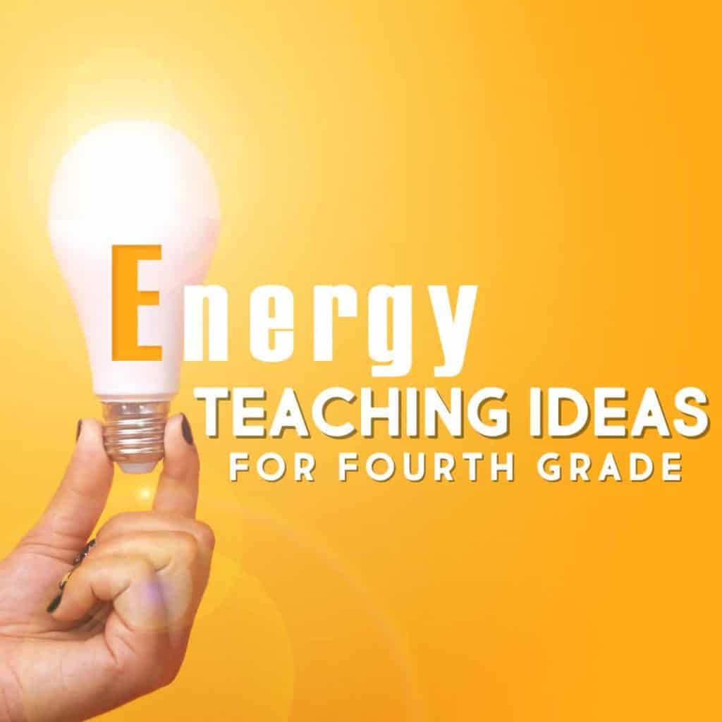 A hand holds a lit light bulb against a bright orange background. The text reads: Creative Energy Teaching Ideas for Fourth Grade.