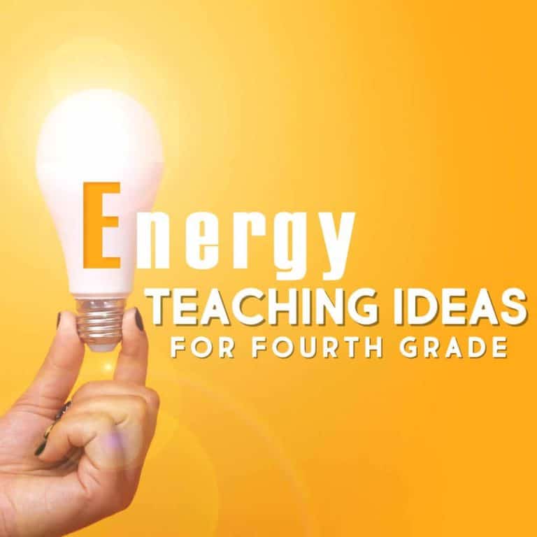 A hand holds a lit light bulb against a bright orange background. The text reads: Creative Energy Teaching Ideas for Fourth Grade.
