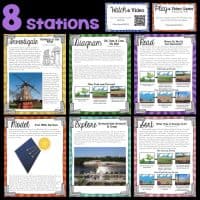 A colorful layout titled 8 stations displays eight educational stations, each with a heading and illustrated worksheet about energy, investigations, diagrams, reading, models, exploration, sorting, and activities.