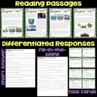 A collection of educational materials titled “Reading passages” and “Differentiated Responses,” featuring nonfiction texts about coal, oil, and gas, and various response formats like short answer, fill-in-the-blank, and task cards.