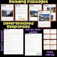 A collage of educational materials about glaciers, including reading passages with glacier photos, short answer sheets, fill-in-the-blank worksheets, and task cards. Bold text labels each section: Reading passages, Differentiated Responses, Short Answer, Fill-in-the-blank, and Task Cards.