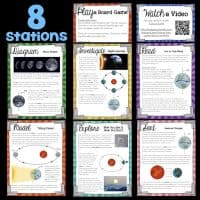 A colorful graphic for the Day to Night, Season to Season Science Station UNIT BUNDLE shows six Earth, Moon, and Sun activity cards, a Play a Board Game card, and a Watch a Video card with QR code.