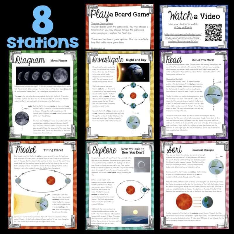 Day to Night.003-min A colorful graphic for the Day to Night, Season to Season Science Station UNIT BUNDLE shows six Earth, Moon, and Sun activity cards, a Play a Board Game card, and a Watch a Video card with QR code.