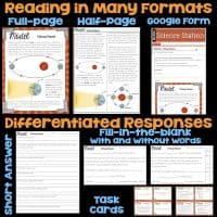Collage featuring the "Day to Night, Season to Season Science Station UNIT BUNDLE" with differentiated activities on tilting planets in multiple formats: full-page, half-page, Google Form, short answer, fill-in-the-blank, and task cards.