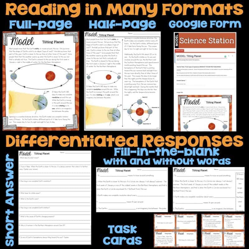 Day to Night.004-min Collage featuring the "Day to Night, Season to Season Science Station UNIT BUNDLE" with differentiated activities on tilting planets in multiple formats: full-page, half-page, Google Form, short answer, fill-in-the-blank, and task cards.
