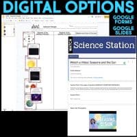 Screenshot displaying digital science lesson options from the Day to Night, Season to Season Science Station UNIT BUNDLE, featuring Google Slides sorting activities and a Google Forms video assignment. "Digital Options" is highlighted at the top.