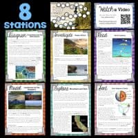 A collage of eight vibrant station cards from the "Earth’s Spheres and Systems Science Station UNIT BUNDLE" features diagrams, instructions, images, QR codes, and a bold “8 stations” label at the top left.