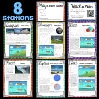 The Earth's Water Supply Science Station UNIT BUNDLE includes eight colorful activity sheets on water topics, featuring diagrams, investigations, readings, glacier modeling, salt vs. fresh water exploration, sorting, a board game, and a video.