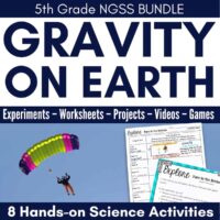 A promotional image for Gravititational Forces cover1, a 5th grade NGSS Earth Science bundle, shows a skydiver with a colorful parachute, sample worksheets, and 8 hands-on Science Station activities.