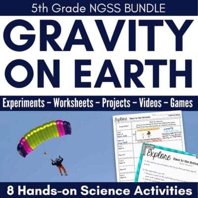 A promotional image for Gravititational Forces cover1, a 5th grade NGSS Earth Science bundle, shows a skydiver with a colorful parachute, sample worksheets, and 8 hands-on Science Station activities.