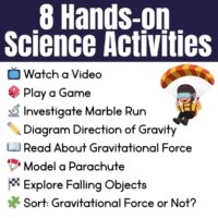 A graphic titled 8 Hands-on Science Activities in Gravity Included lists: watch a video, play a game, investigate marble run, diagram gravity’s direction, read about gravitational force, model a parachute, explore falling objects, and sort gravitational force.
