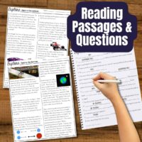 Three Gravity passages worksheets with questions are spread out on a wooden surface. A hand writes answers on one sheet. Large text reads “Reading Passages & Questions.” The worksheets feature Earth Science and gravity diagrams.