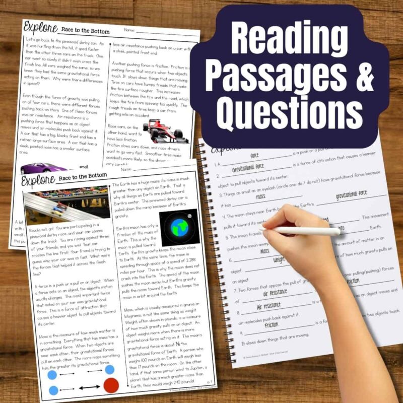 Gravity passages Three Gravity passages worksheets with questions are spread out on a wooden surface. A hand writes answers on one sheet. Large text reads “Reading Passages & Questions.” The worksheets feature Earth Science and gravity diagrams.